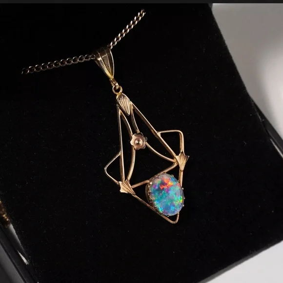 Antique Art Nouveau Australian Opal Triplet Lavaliere Pendant 9K Gold - Picture 9 of 15